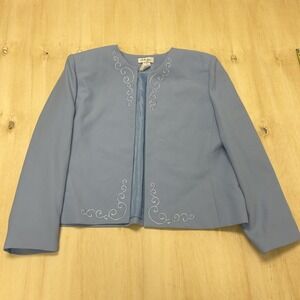 Henry-Lee Suit Jacket Womens 16 Blue Embroidered Open Front Lined USA Formal